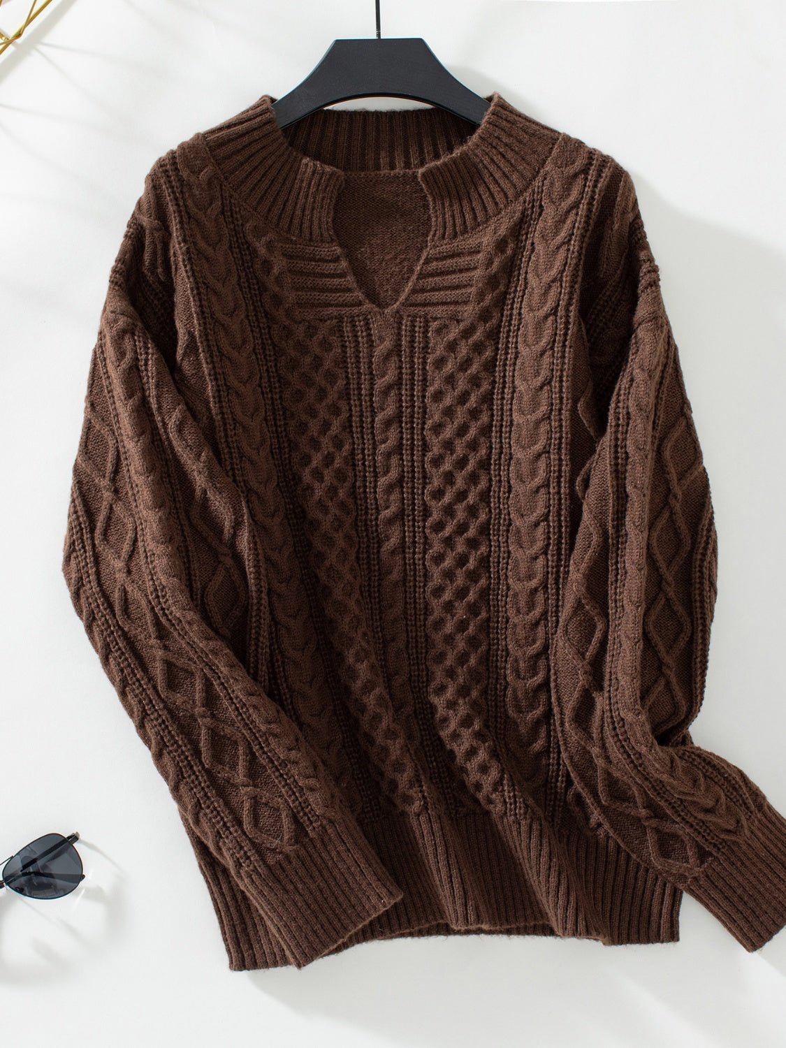 Cable - Knit Notched Long Sleeve Sweater - EMMY