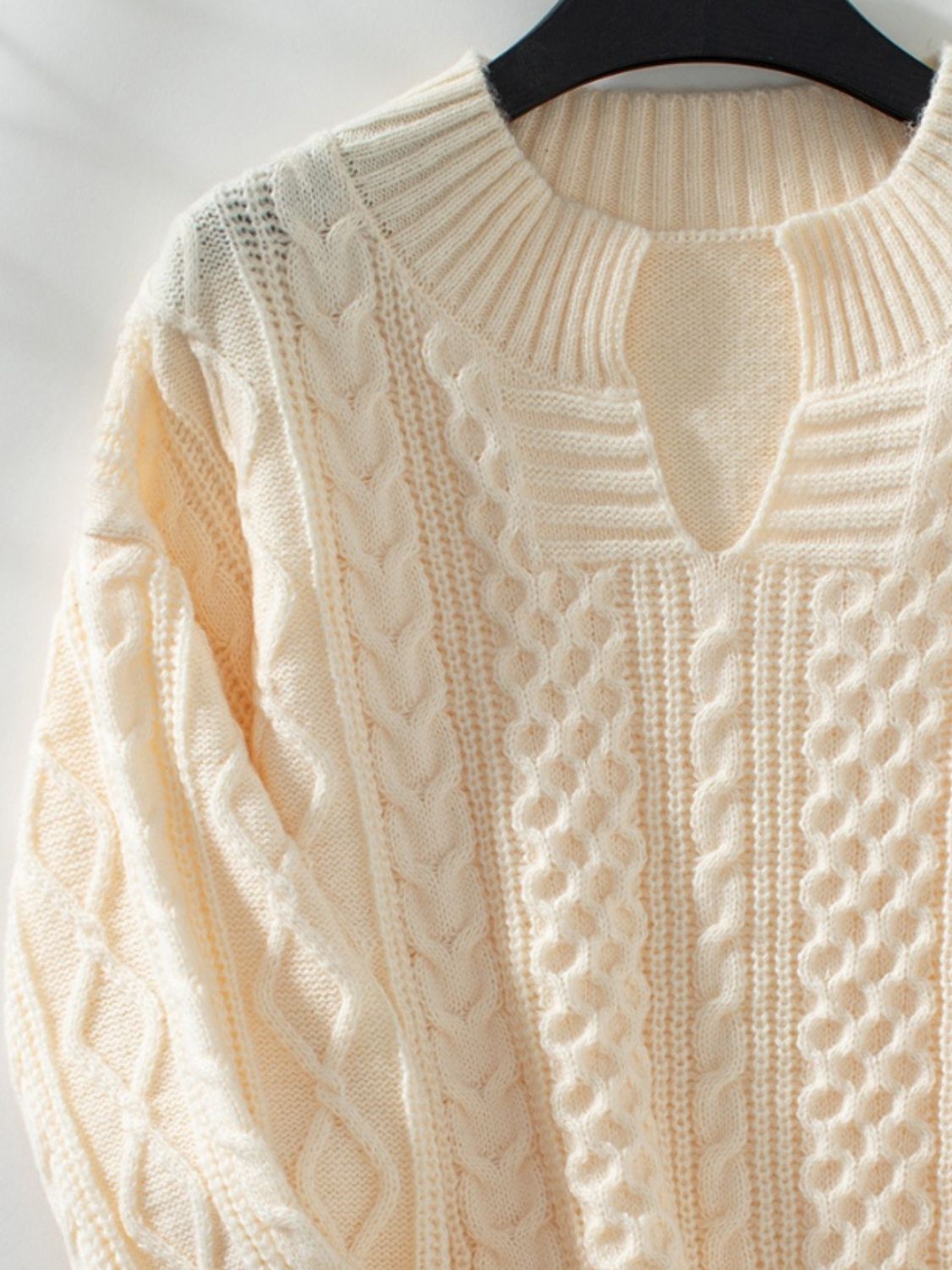 Cable - Knit Notched Long Sleeve Sweater - EMMY