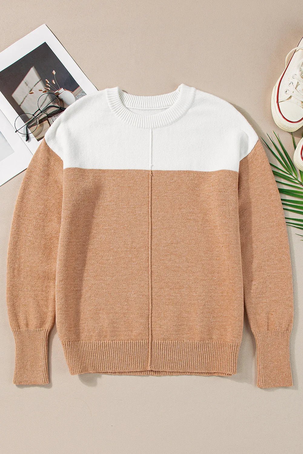 Color Block Round Neck Long Sleeve Sweater - EMMY