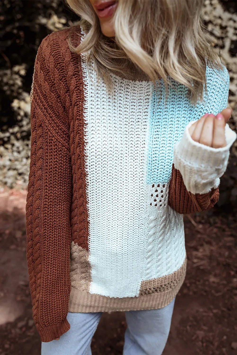 Color Block Round Neck Long Sleeve Sweater - EMMY