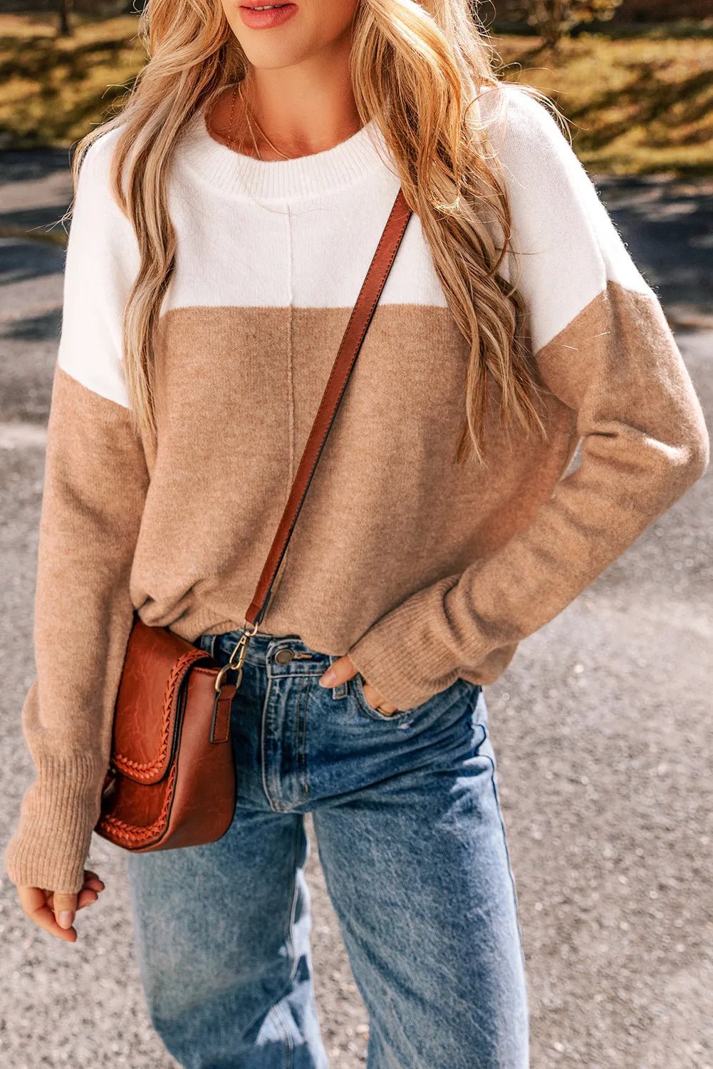 Color Block Round Neck Long Sleeve Sweater - EMMY