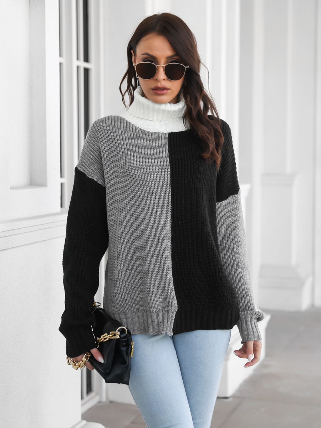 Contrast Turtleneck Long Sleeve Sweater - EMMY