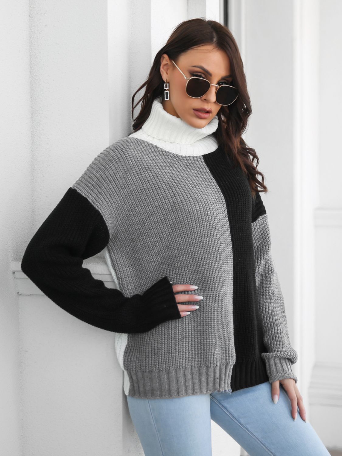 Contrast Turtleneck Long Sleeve Sweater - EMMY