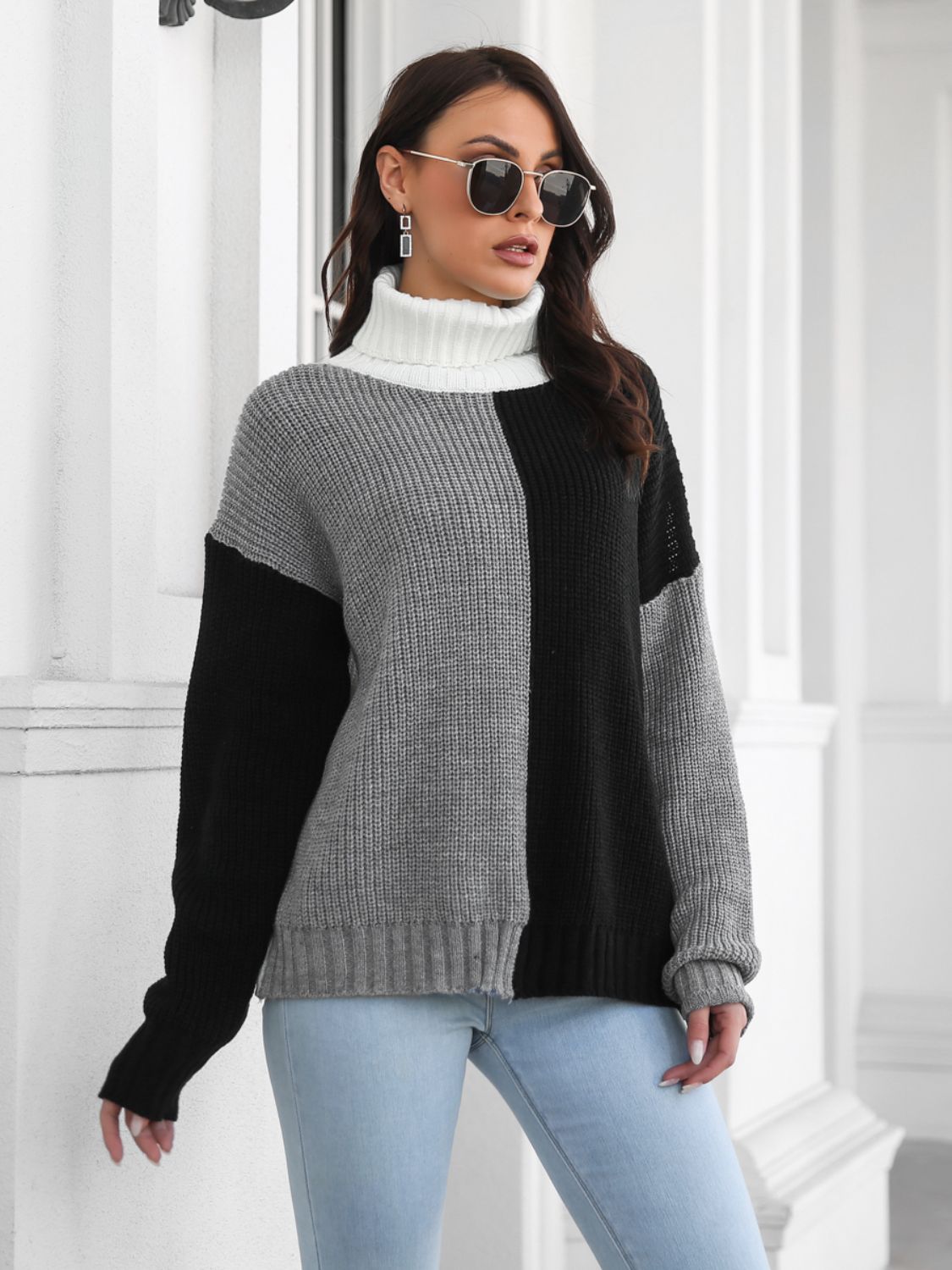 Contrast Turtleneck Long Sleeve Sweater - EMMY