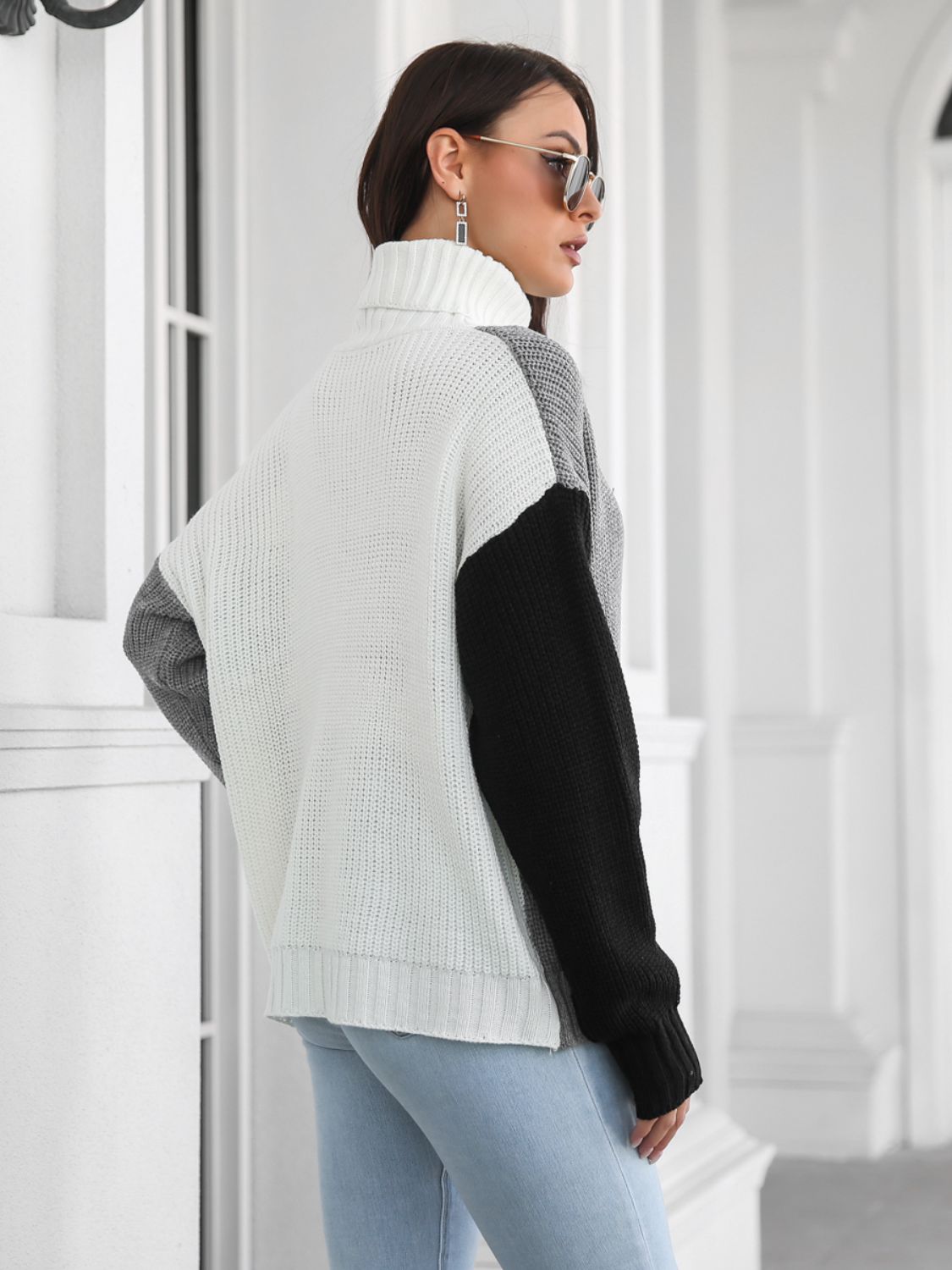 Contrast Turtleneck Long Sleeve Sweater - EMMY