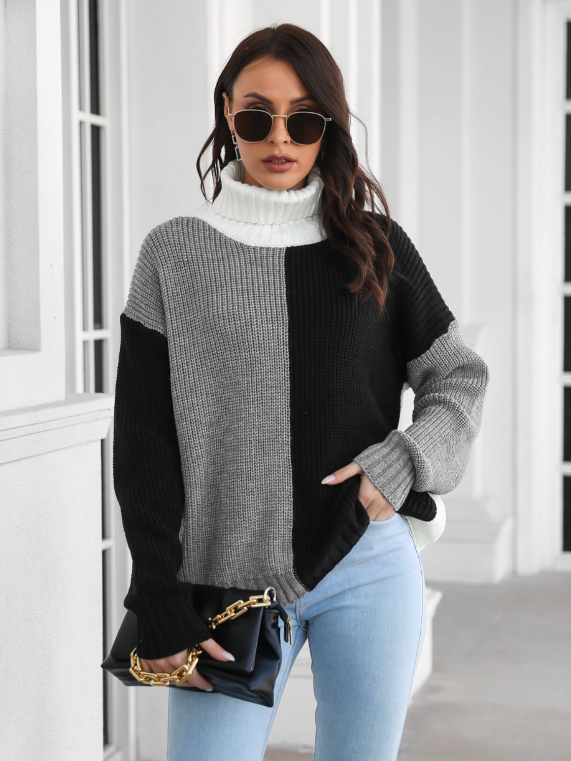 Contrast Turtleneck Long Sleeve Sweater - EMMY