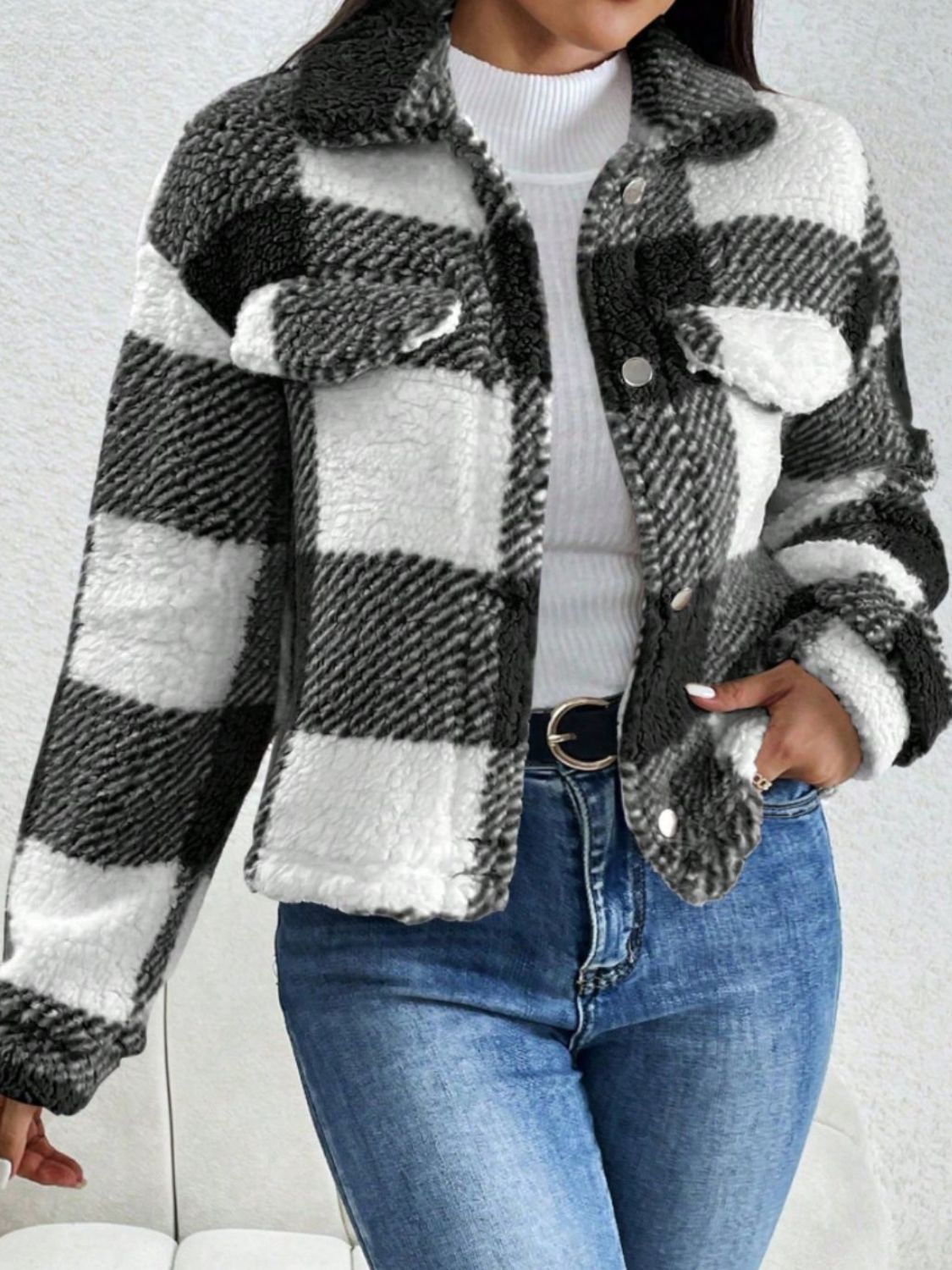 Decorative Pocket Flap Plaid Long Sleeve Jacket - EMMY