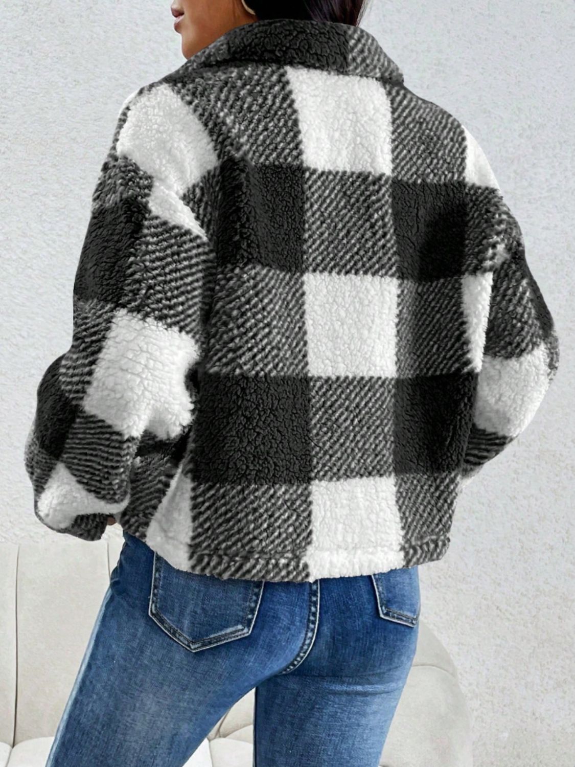 Decorative Pocket Flap Plaid Long Sleeve Jacket - EMMY