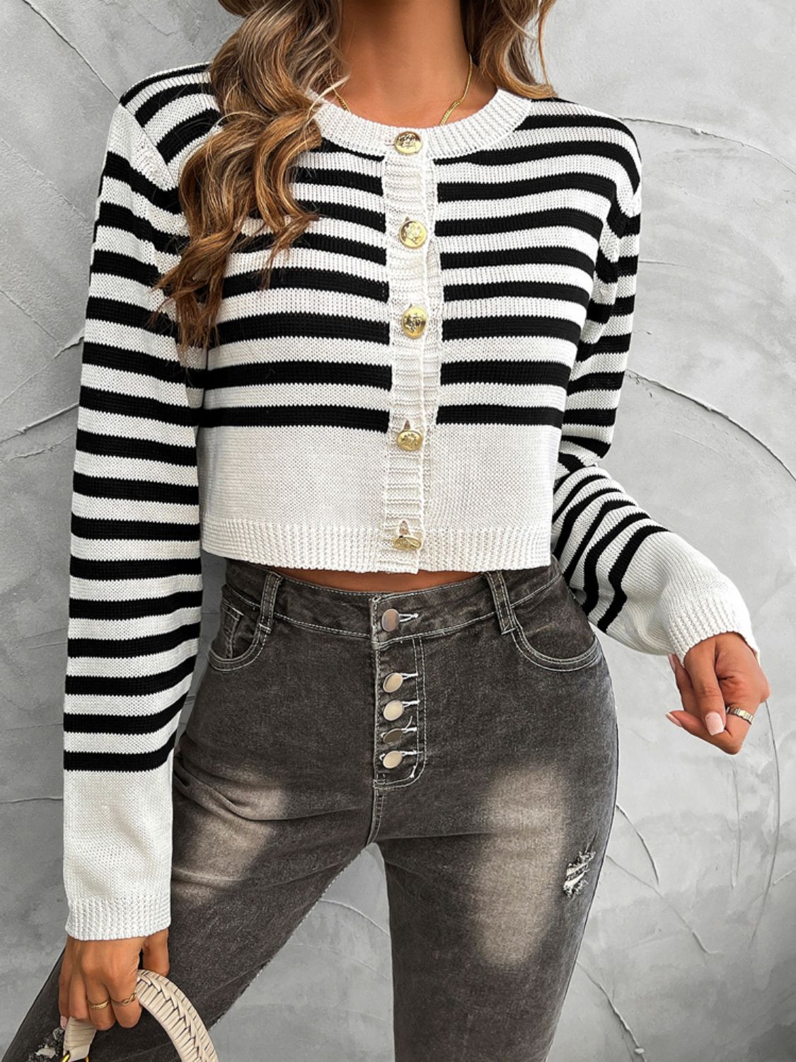 Devine Striped Round Neck Button Down Cardigan - EMMY