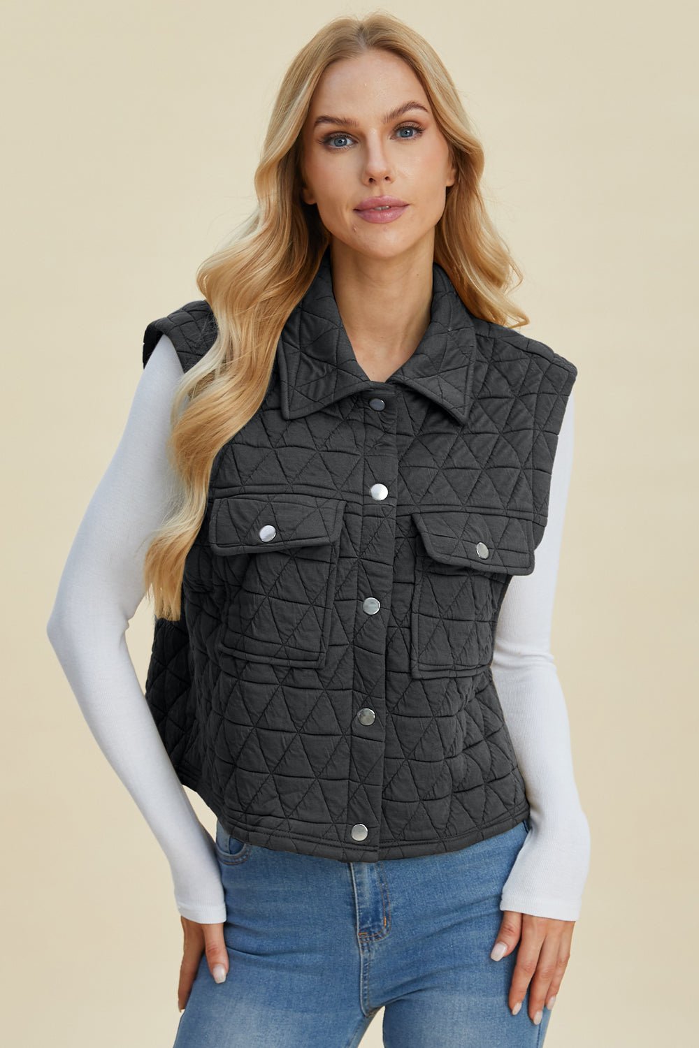 Double Take Full Size Pocketed Texture Snap Down Vest Coat - EMMY