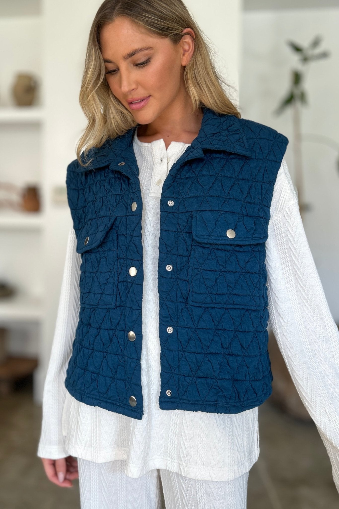 Double Take Full Size Pocketed Texture Snap Down Vest Coat - EMMY