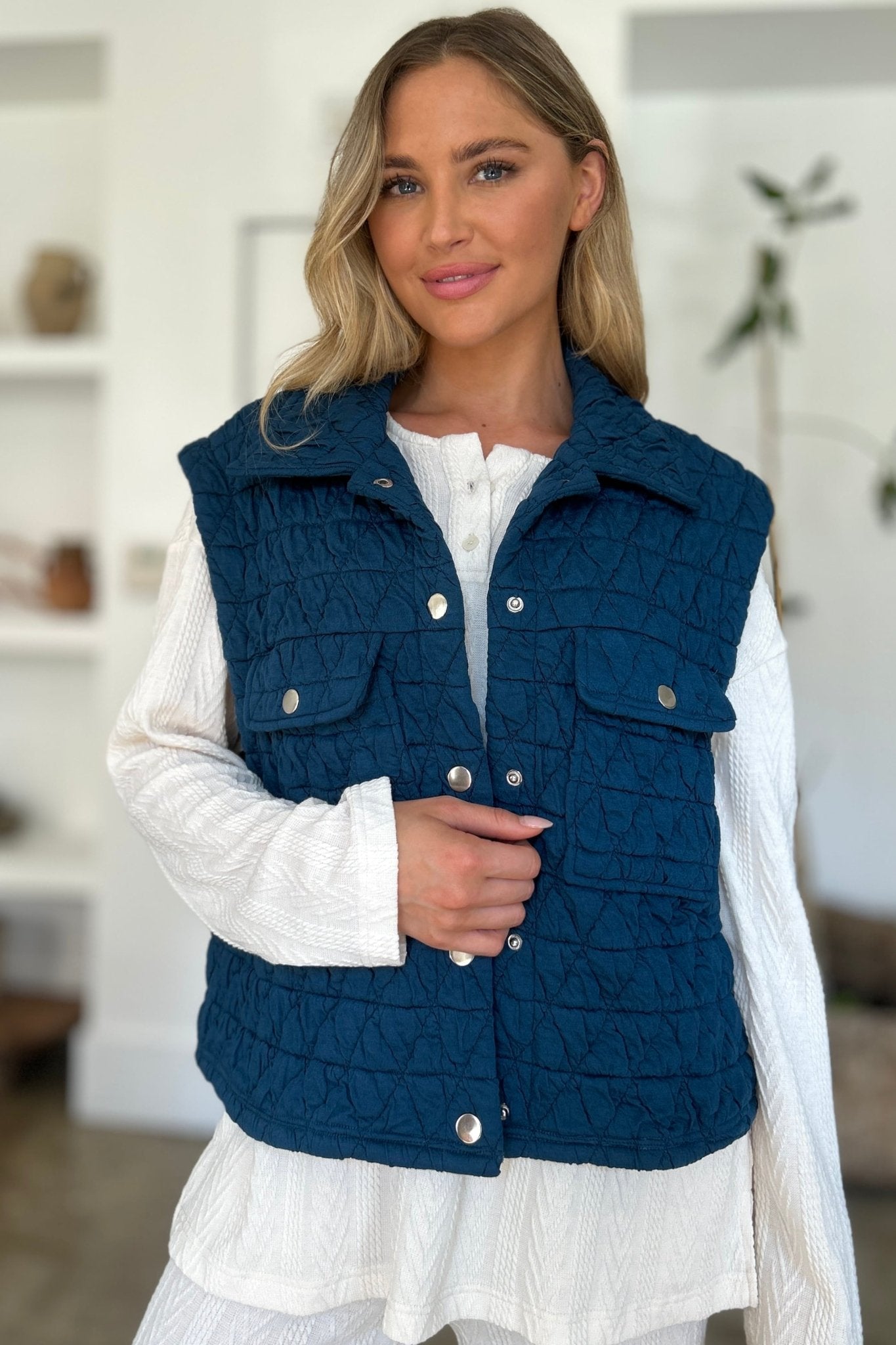 Double Take Full Size Pocketed Texture Snap Down Vest Coat - EMMY