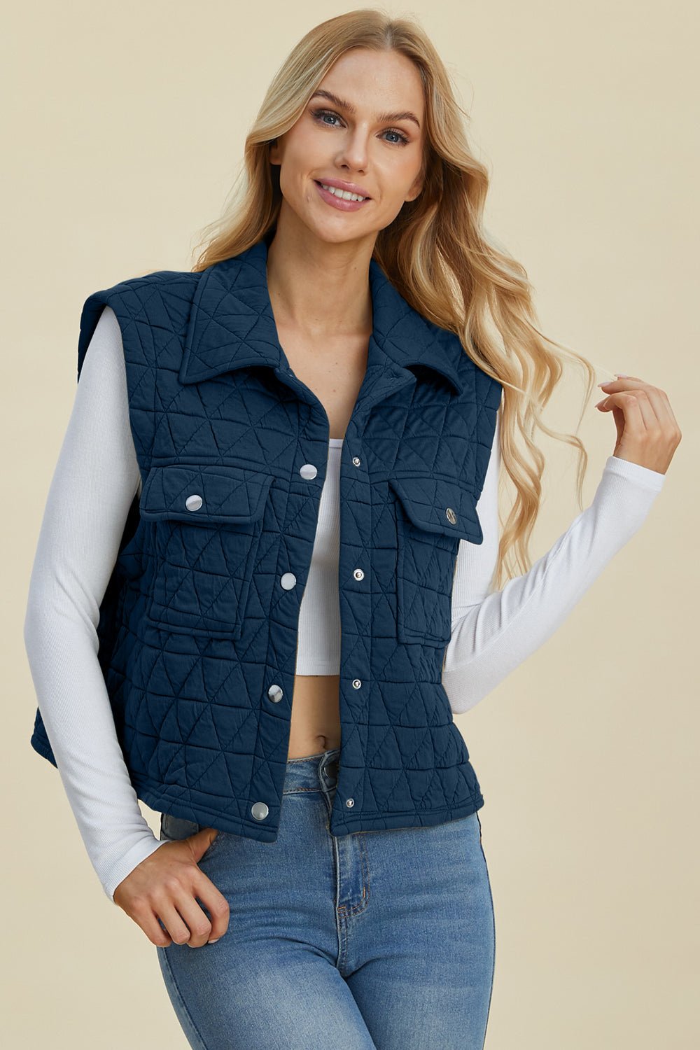 Double Take Full Size Pocketed Texture Snap Down Vest Coat - EMMY