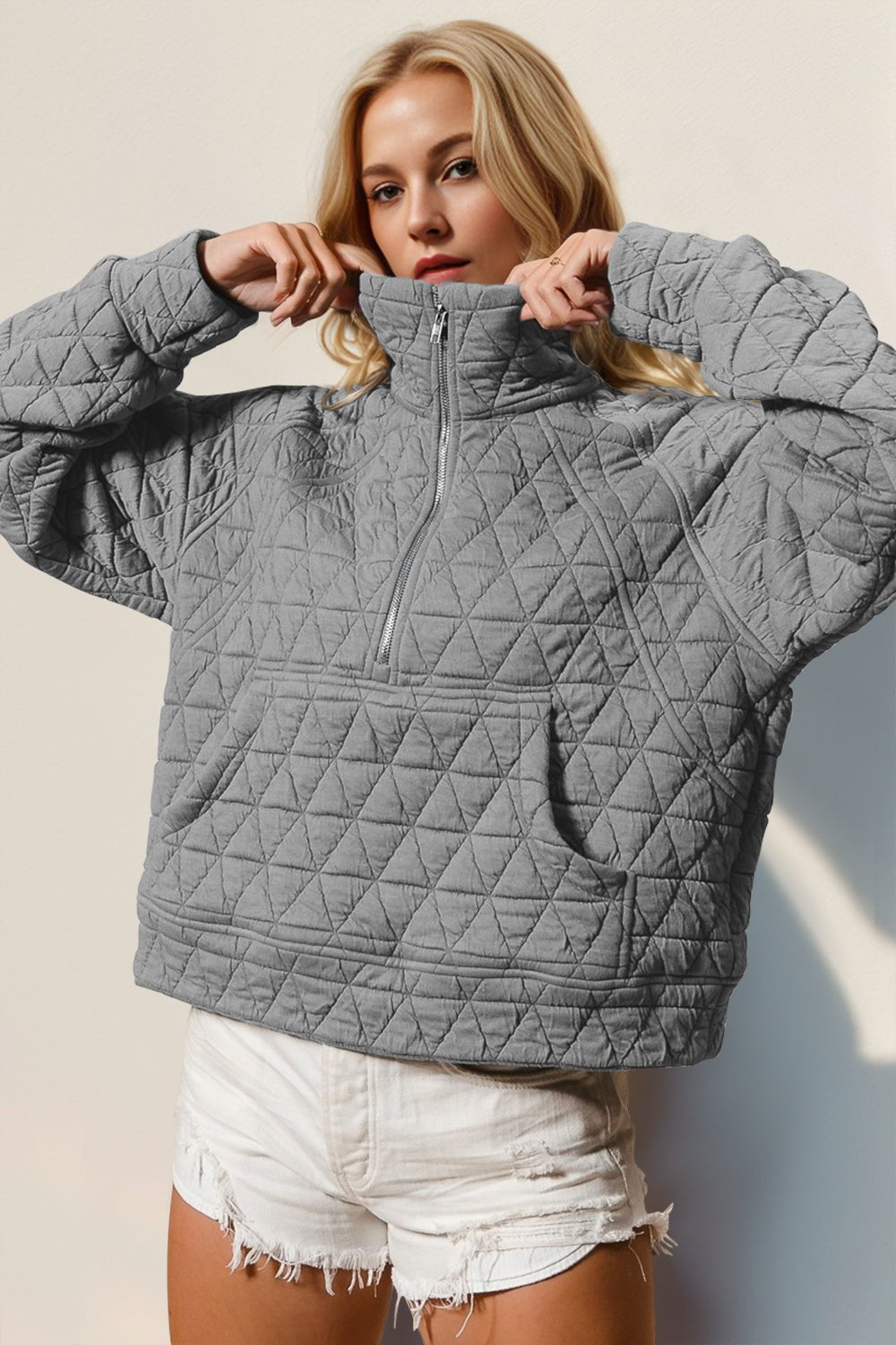 Double Take Half Zip Long Sleeve Quilted Sweatshirt with Pocket - EMMY