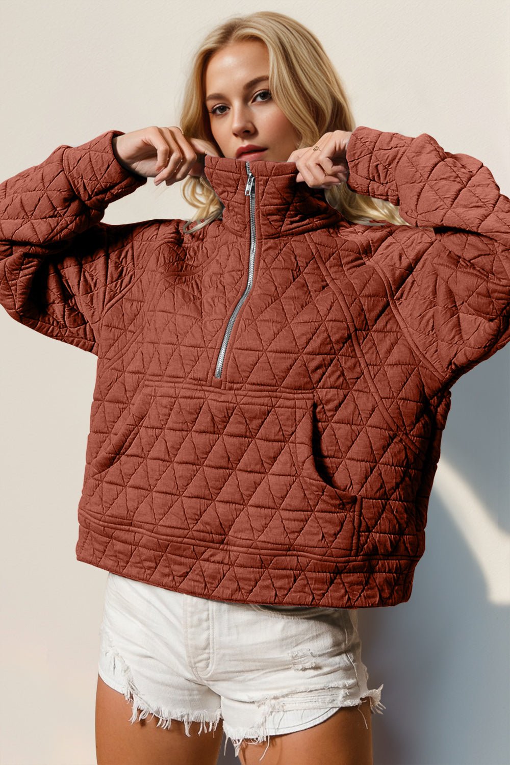 Double Take Half Zip Long Sleeve Quilted Sweatshirt with Pocket - EMMY