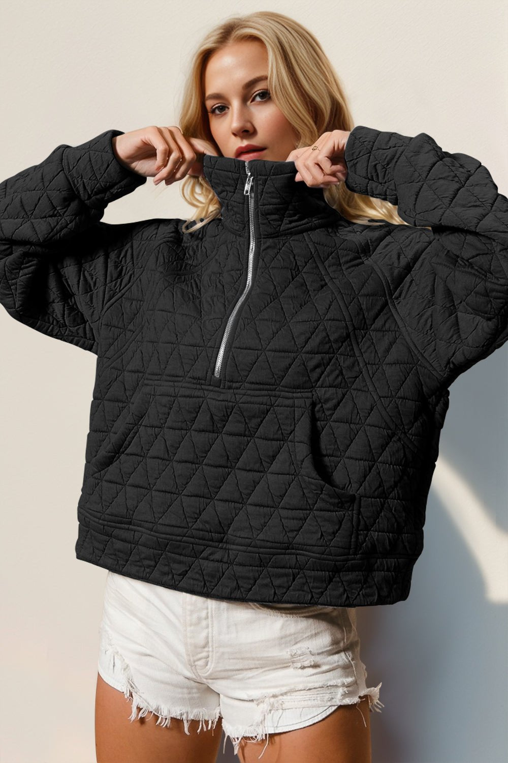 Double Take Half Zip Long Sleeve Quilted Sweatshirt with Pocket - EMMY