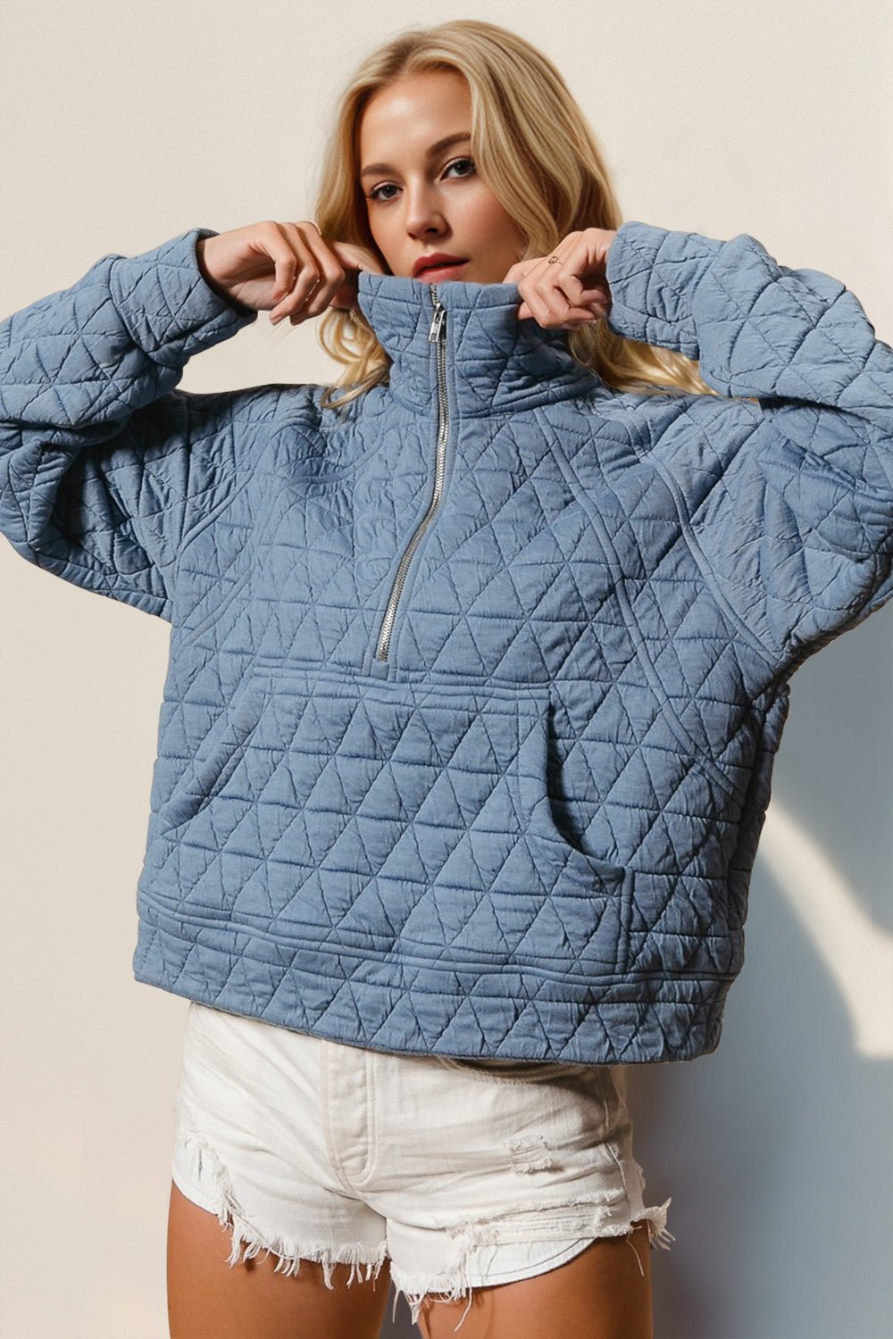 Double Take Half Zip Long Sleeve Quilted Sweatshirt with Pocket - EMMY