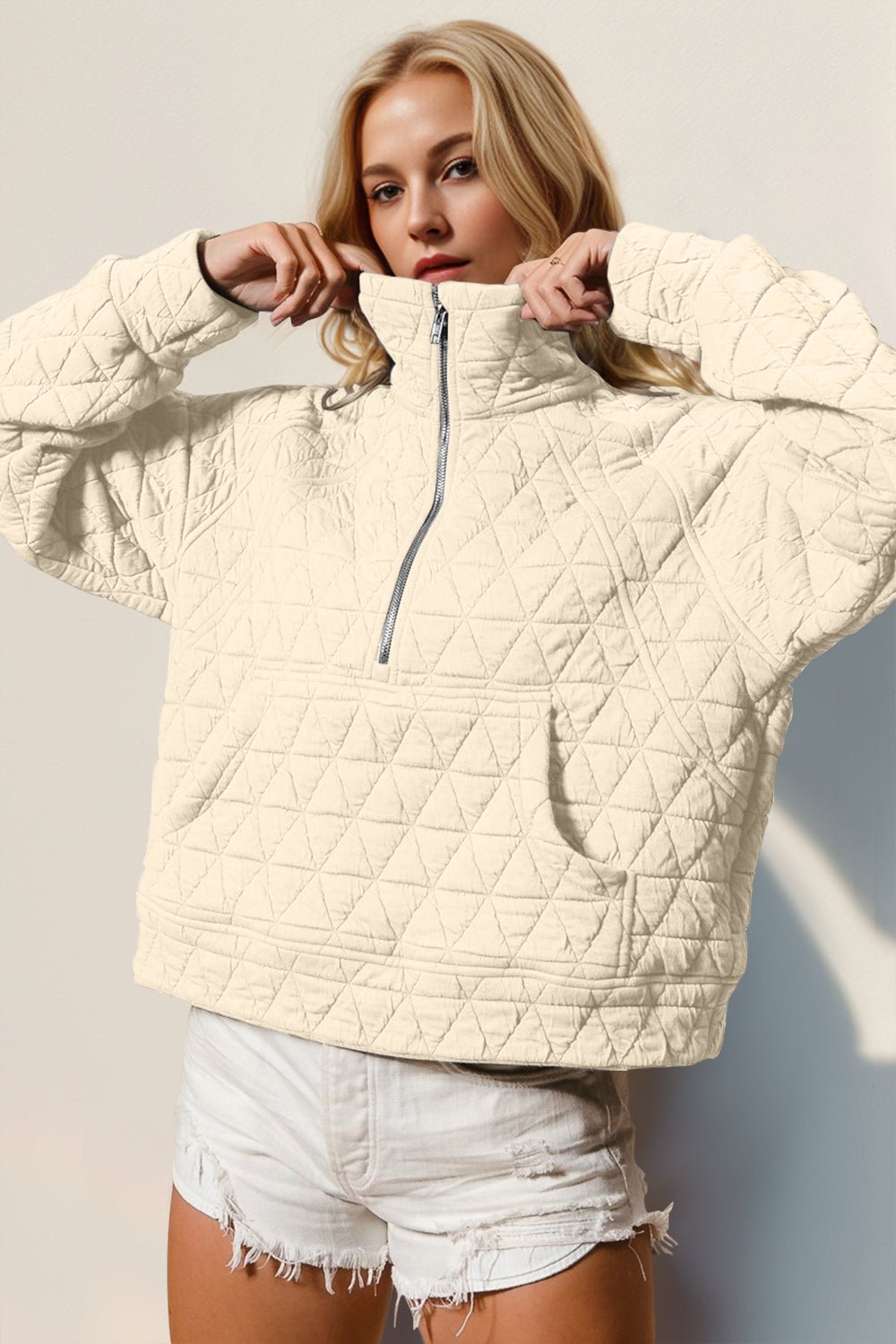 Double Take Half Zip Long Sleeve Quilted Sweatshirt with Pocket - EMMY