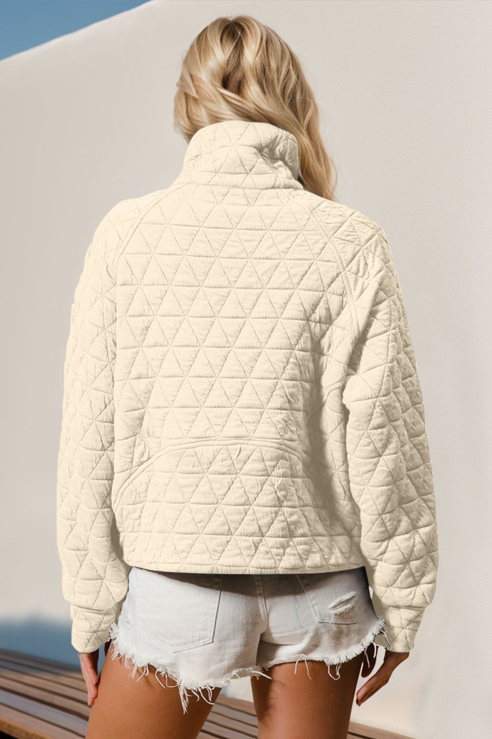 Double Take Half Zip Long Sleeve Quilted Sweatshirt with Pocket - EMMY