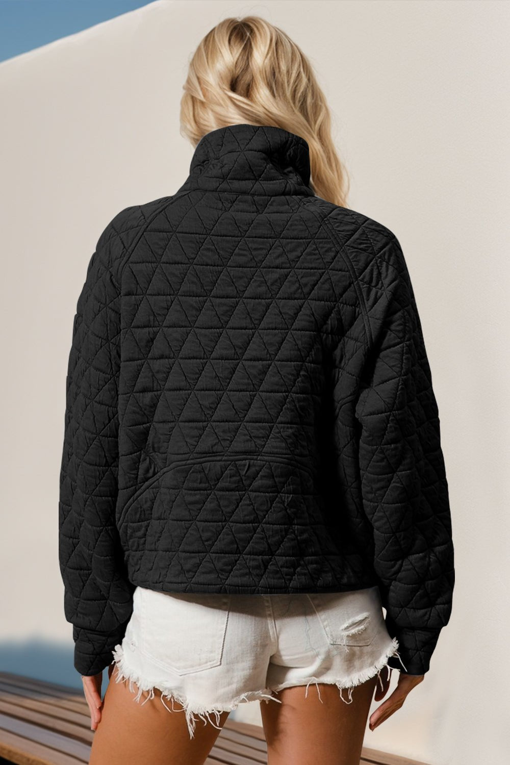 Double Take Half Zip Long Sleeve Quilted Sweatshirt with Pocket - EMMY