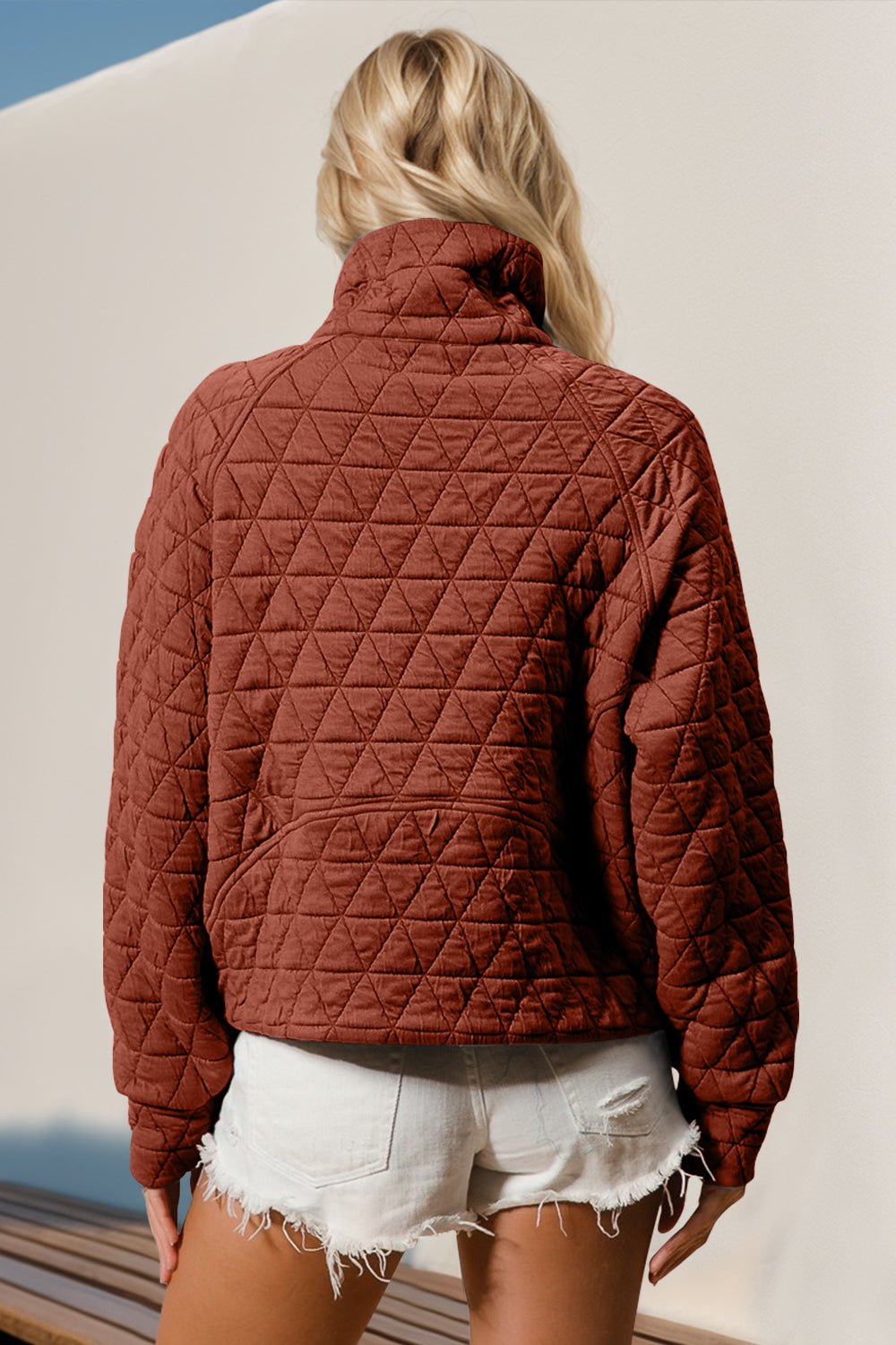 Double Take Half Zip Long Sleeve Quilted Sweatshirt with Pocket - EMMY