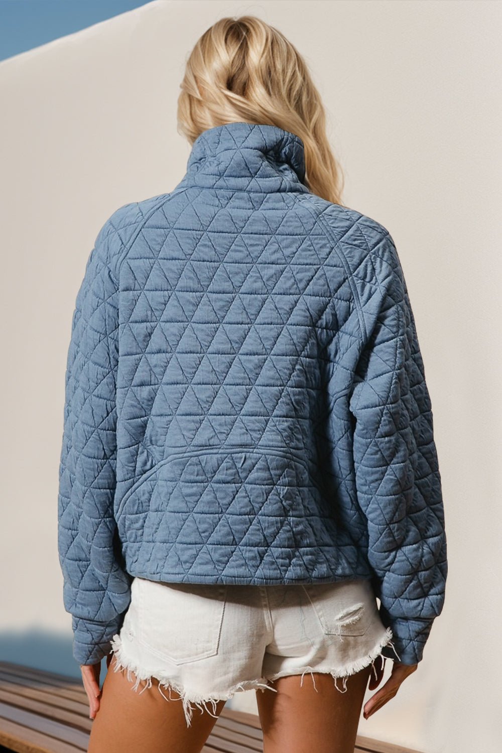 Double Take Half Zip Long Sleeve Quilted Sweatshirt with Pocket - EMMY