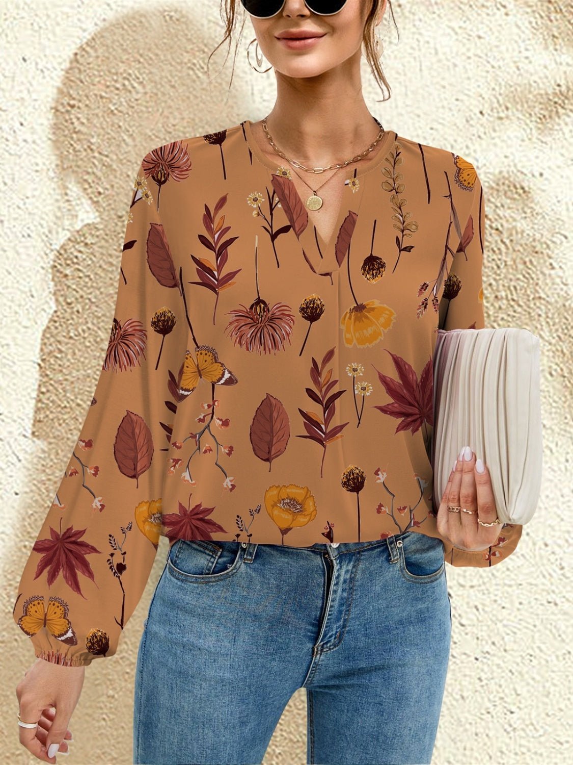 FAM - FAM Printed Notched Long Sleeve Blouse - EMMY