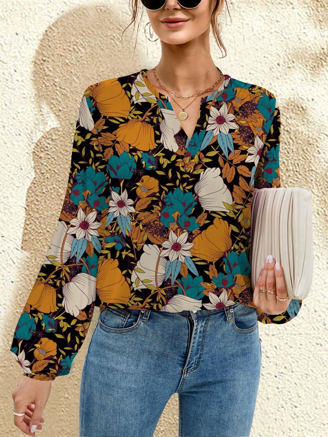 FAM - FAM Printed Notched Long Sleeve Blouse - EMMY