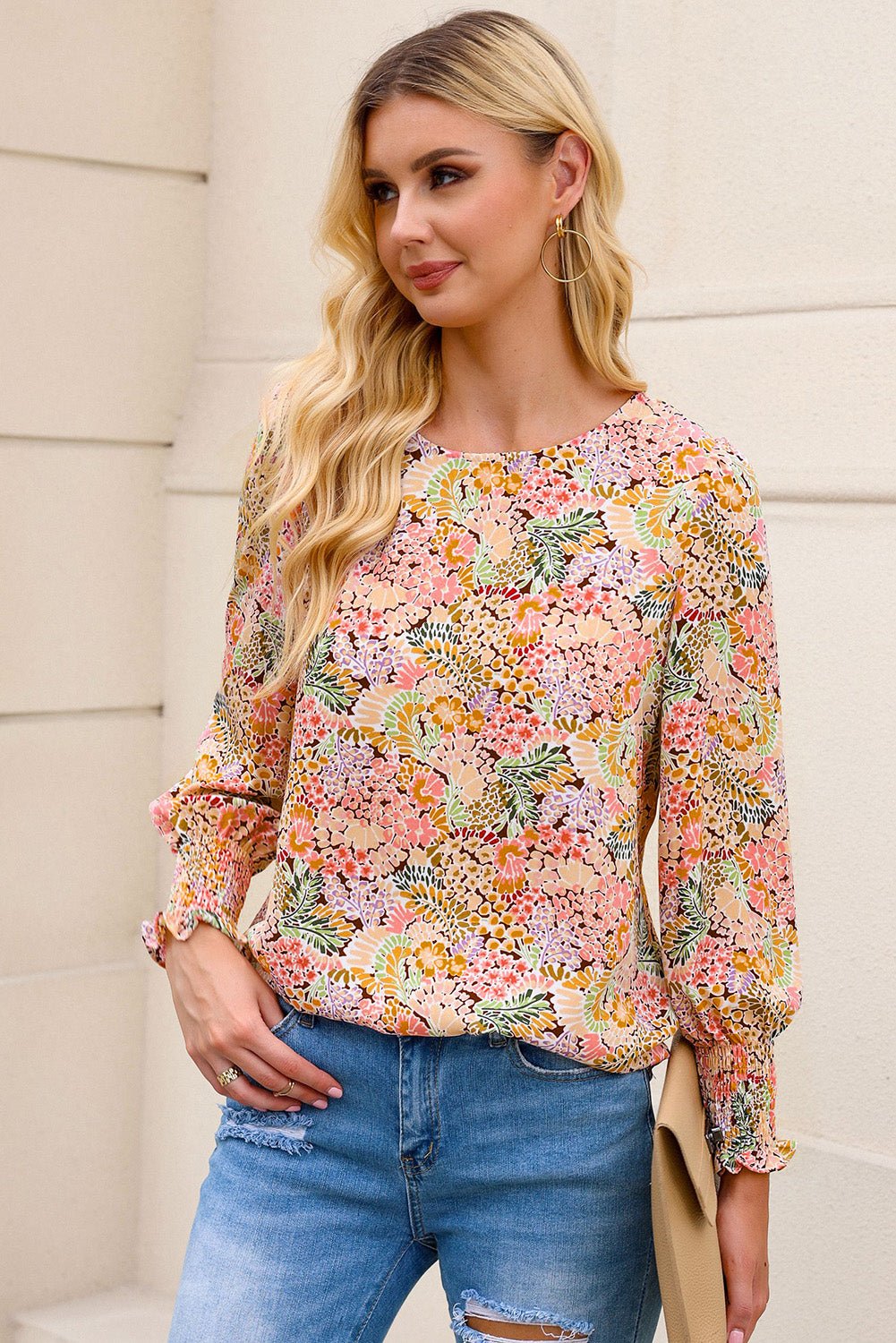 Floral Print Long Puff Sleeve Blouse - EMMY