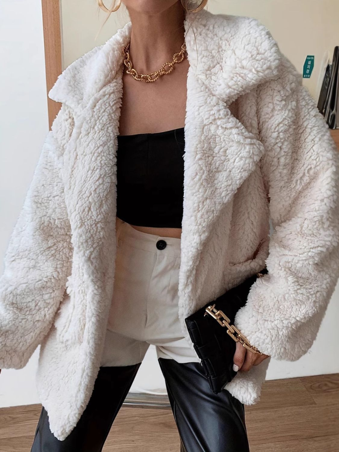 Fuzzy Open Front Long Sleeve Coat - EMMY