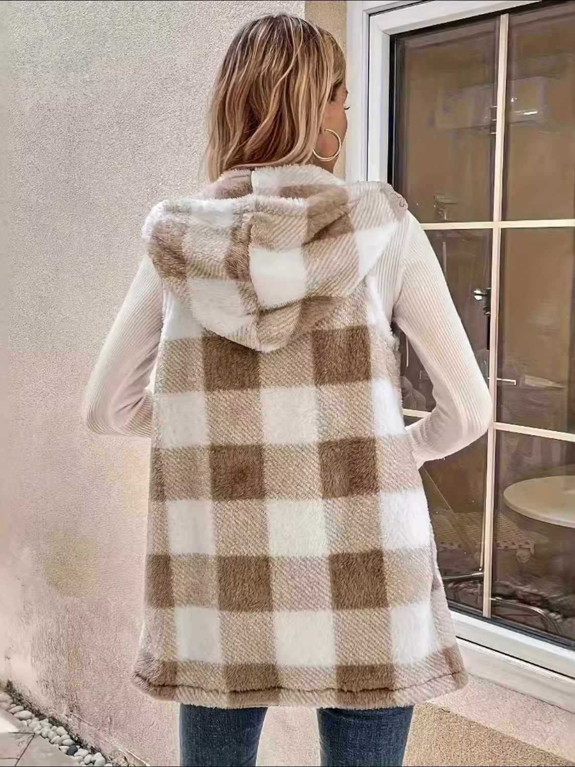 Fuzzy Plaid Hooded Vest Coat - EMMY