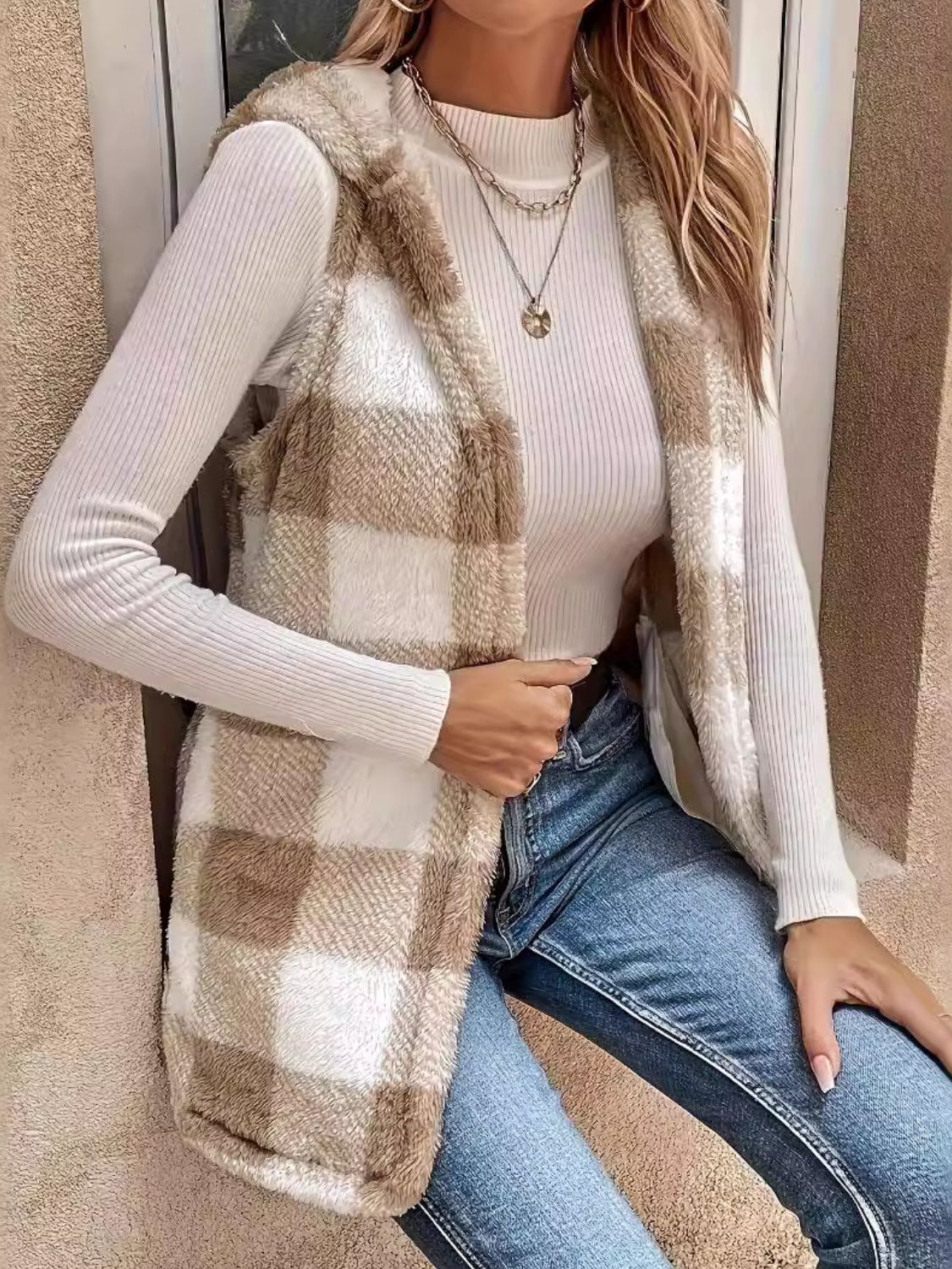 Fuzzy Plaid Hooded Vest Coat - EMMY