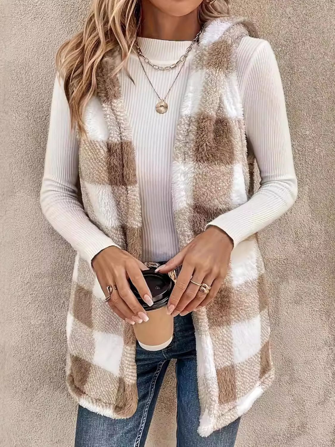 Fuzzy Plaid Hooded Vest Coat - EMMY