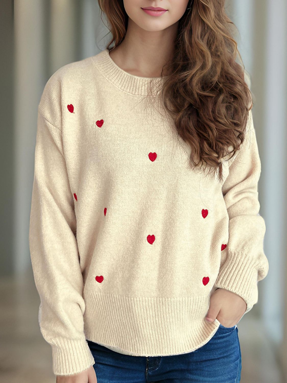 Heart Round Neck Long Sleeve Sweater - EMMY