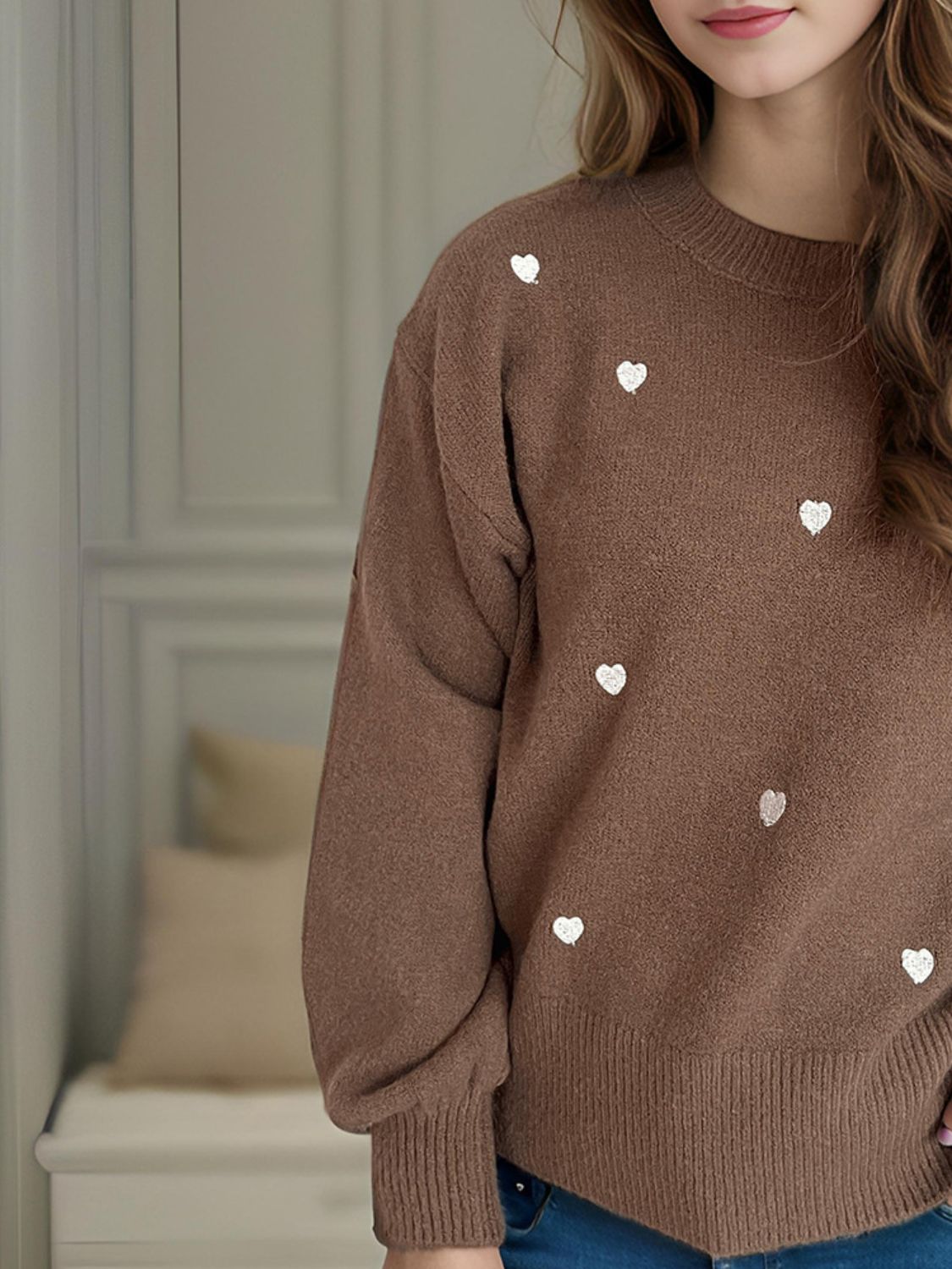 Heart Round Neck Long Sleeve Sweater - EMMY