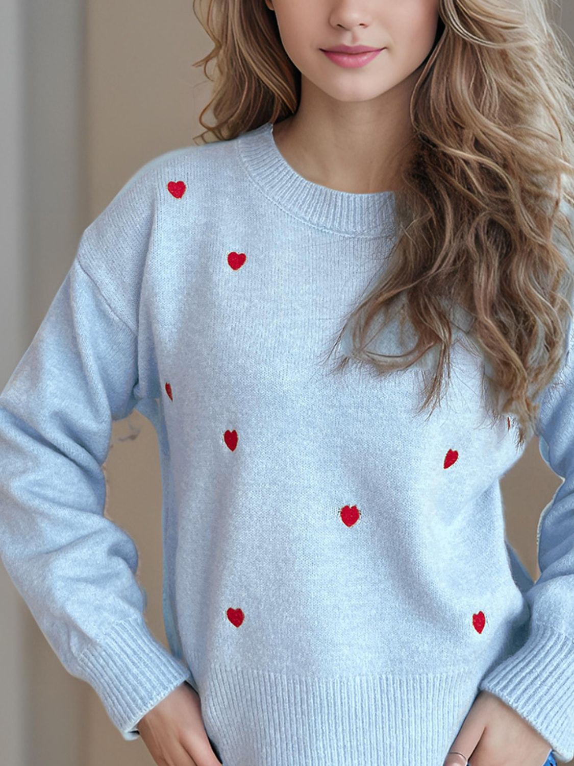 Heart Round Neck Long Sleeve Sweater - EMMY