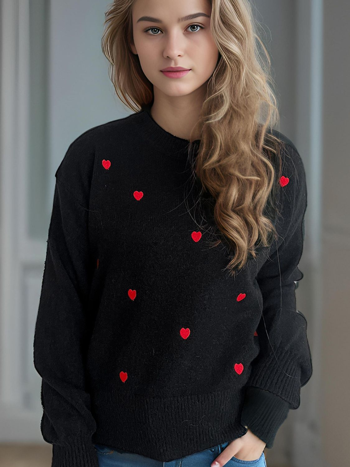 Heart Round Neck Long Sleeve Sweater - EMMY