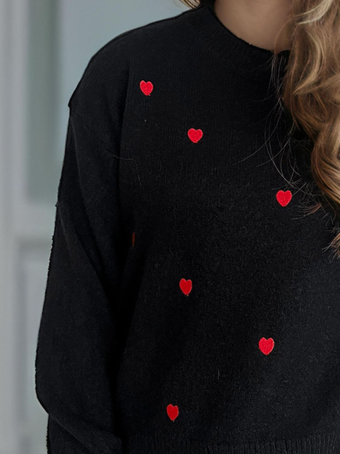 Heart Round Neck Long Sleeve Sweater - EMMY