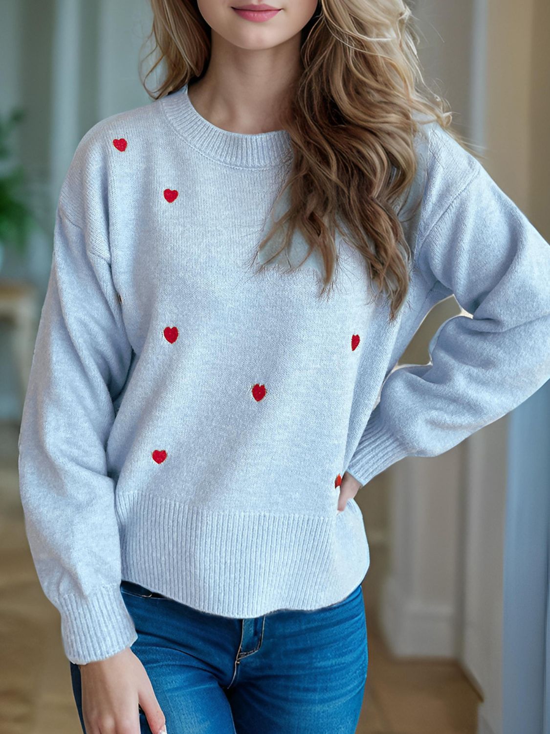 Heart Round Neck Long Sleeve Sweater - EMMY