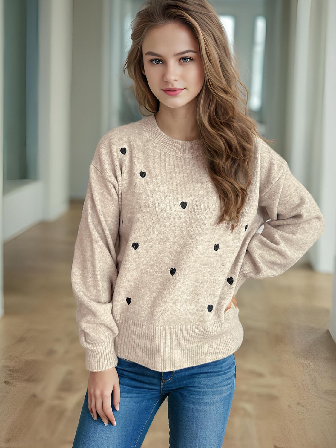 Heart Round Neck Long Sleeve Sweater - EMMY