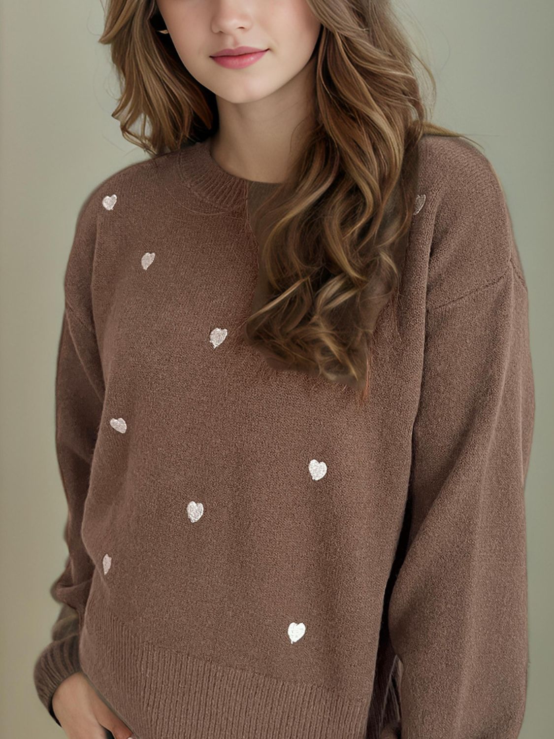 Heart Round Neck Long Sleeve Sweater - EMMY