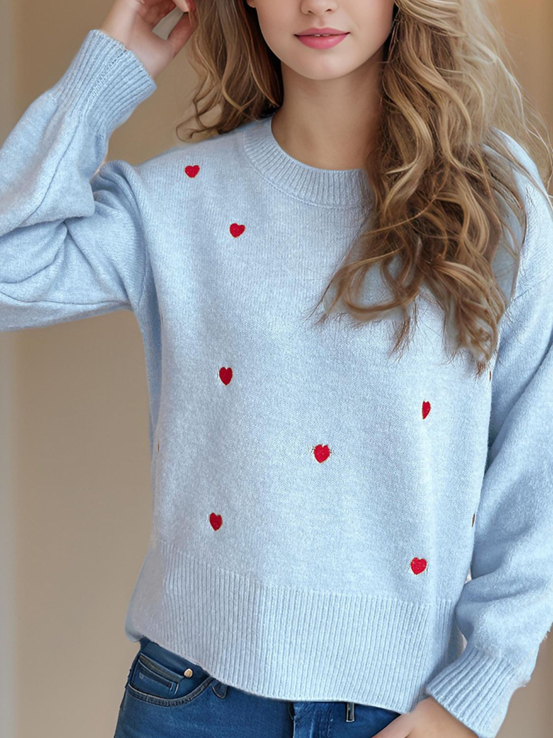 Heart Round Neck Long Sleeve Sweater - EMMY