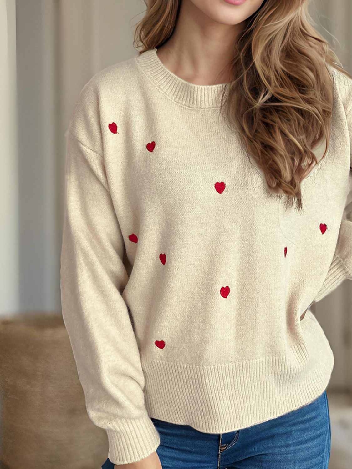 Heart Round Neck Long Sleeve Sweater - EMMY