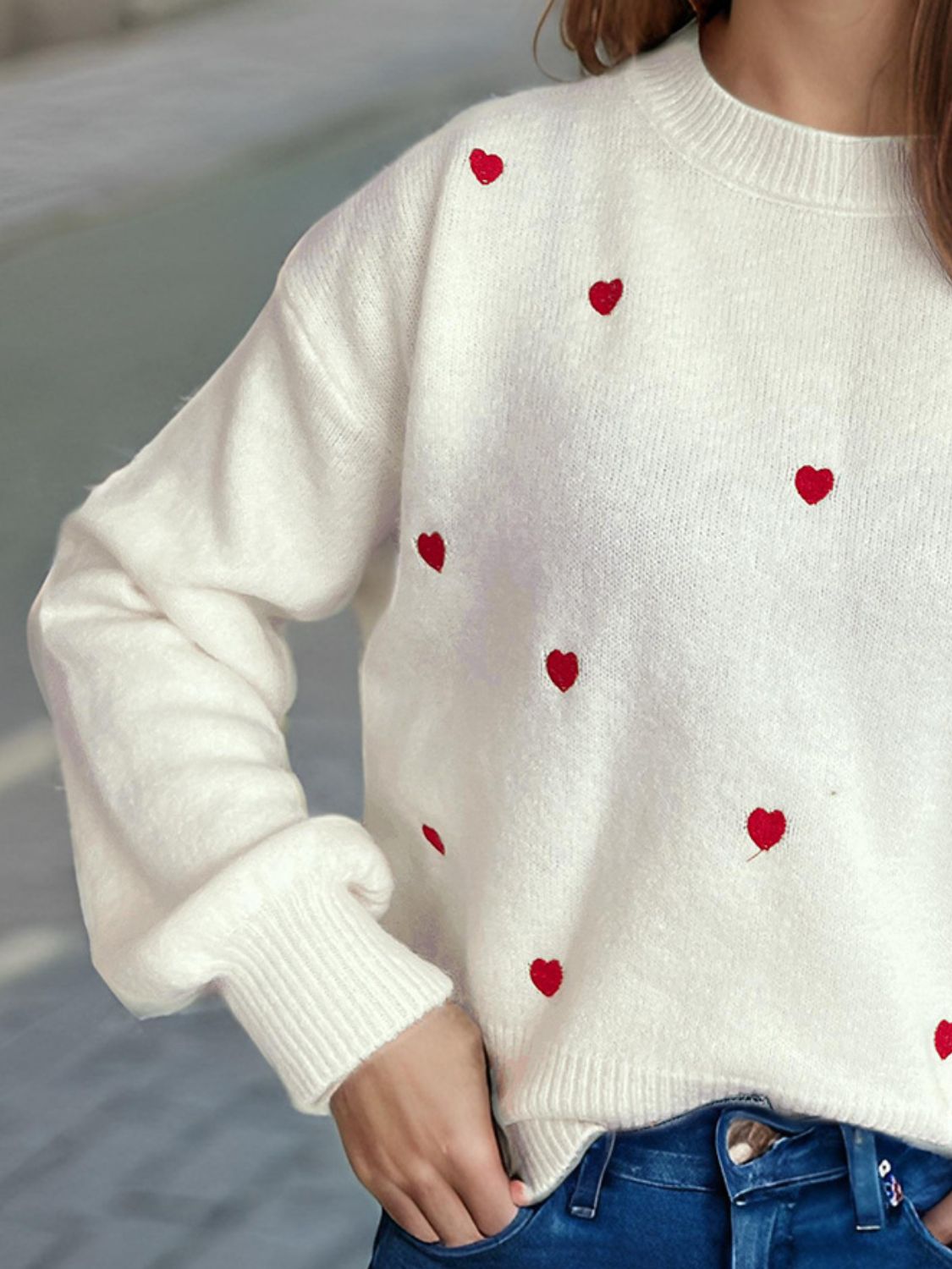 Heart Round Neck Long Sleeve Sweater - EMMY