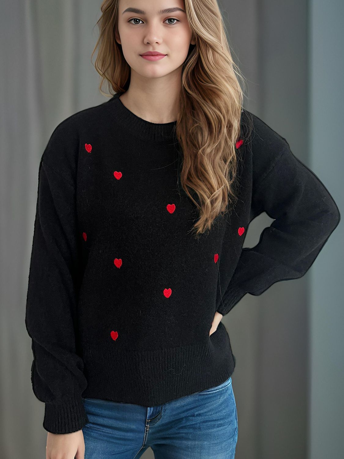 Heart Round Neck Long Sleeve Sweater - EMMY