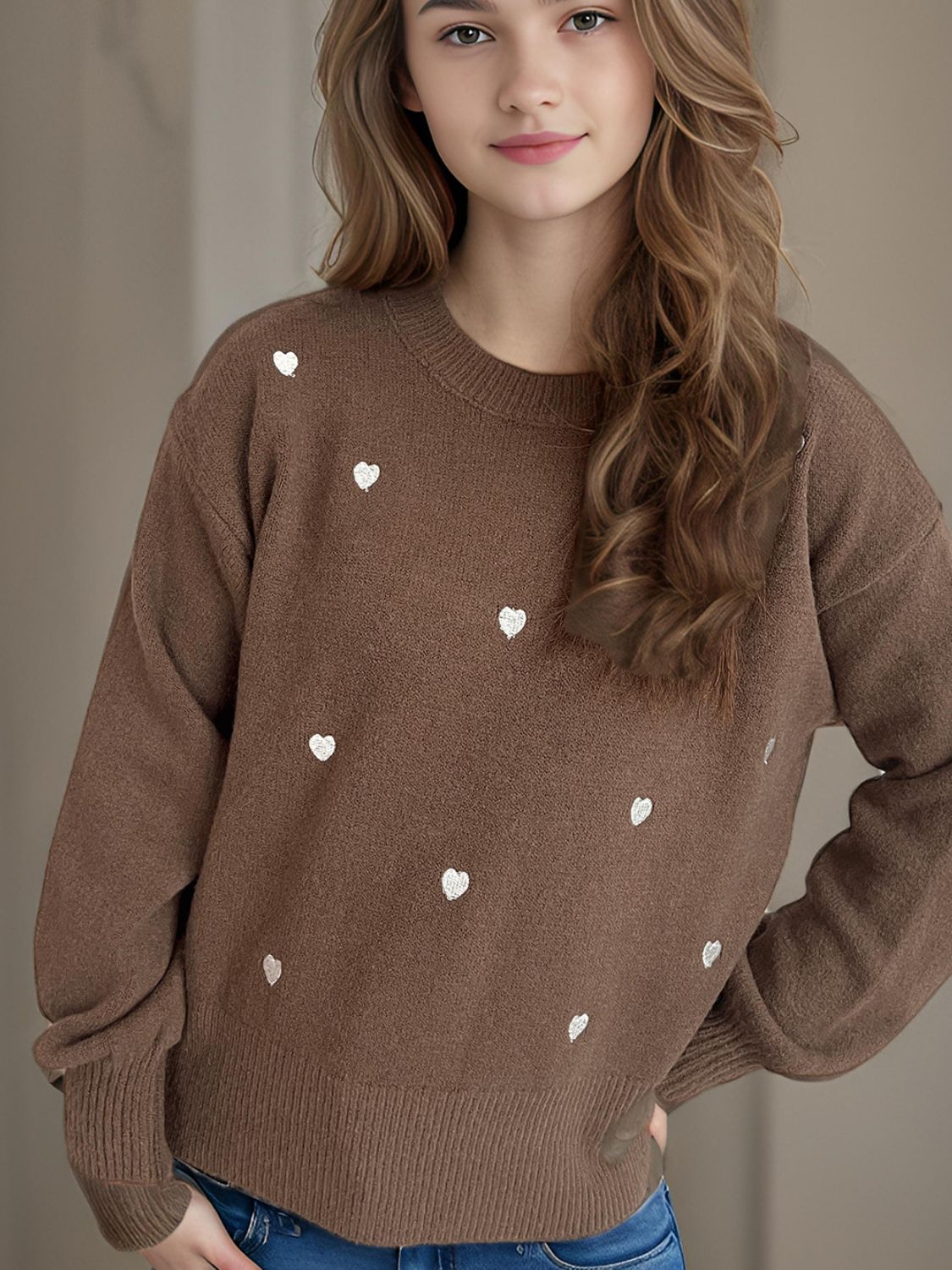 Heart Round Neck Long Sleeve Sweater - EMMY