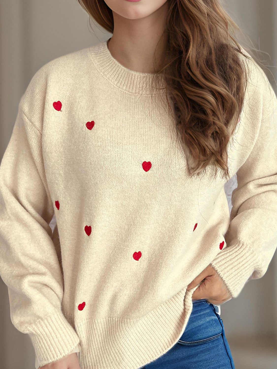 Heart Round Neck Long Sleeve Sweater - EMMY