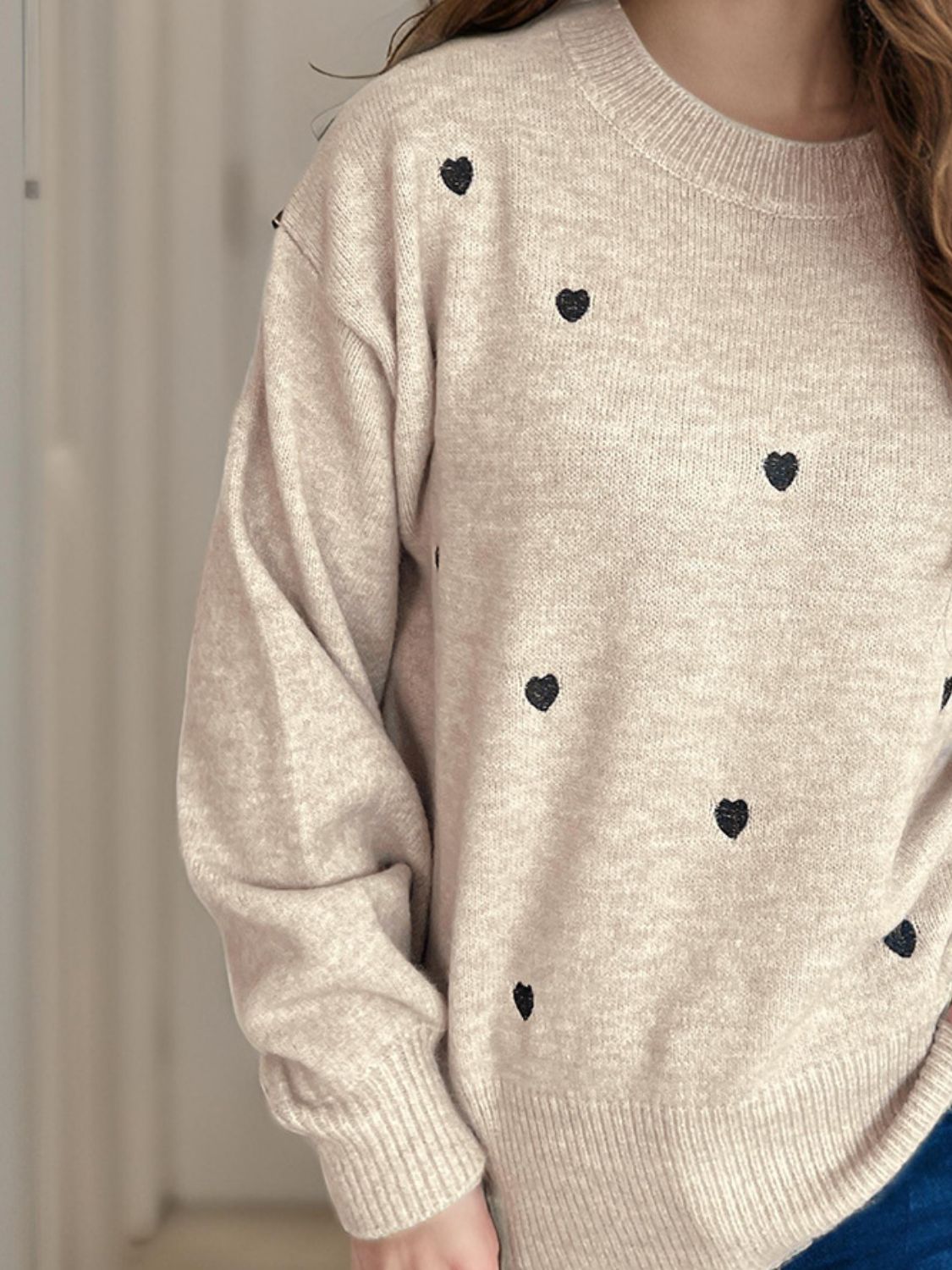 Heart Round Neck Long Sleeve Sweater - EMMY