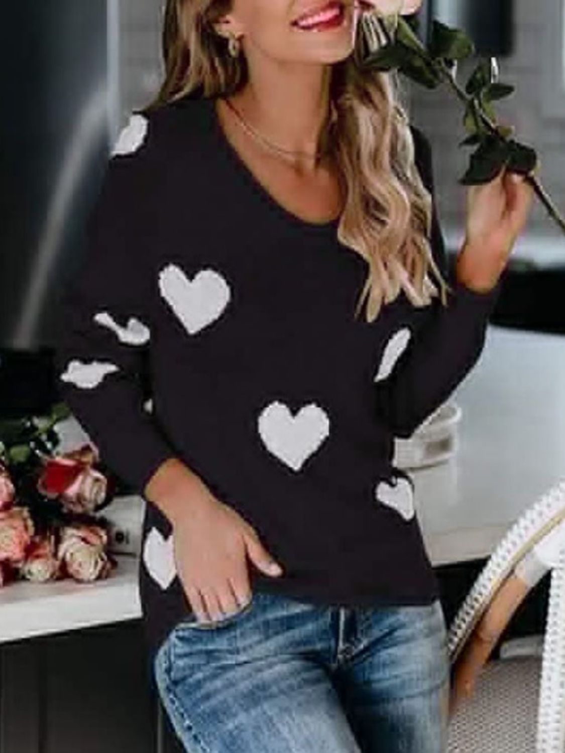 Heart Scoop Neck Long Sleeve Sweater - EMMY