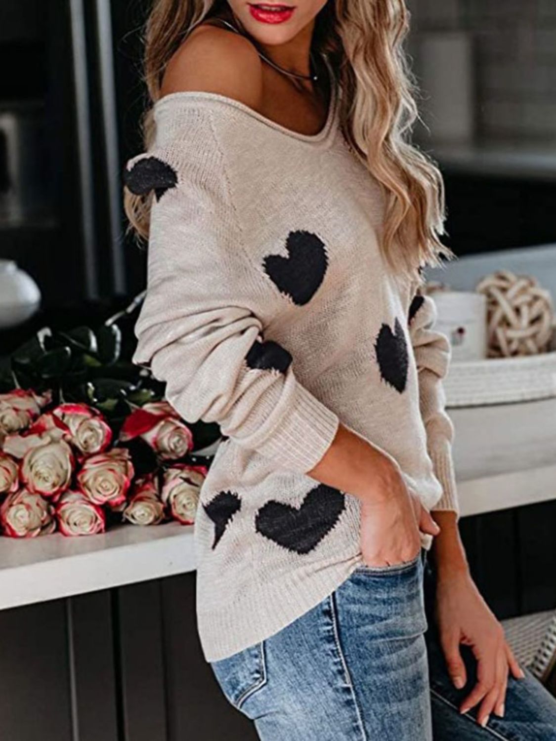 Heart Scoop Neck Long Sleeve Sweater - EMMY